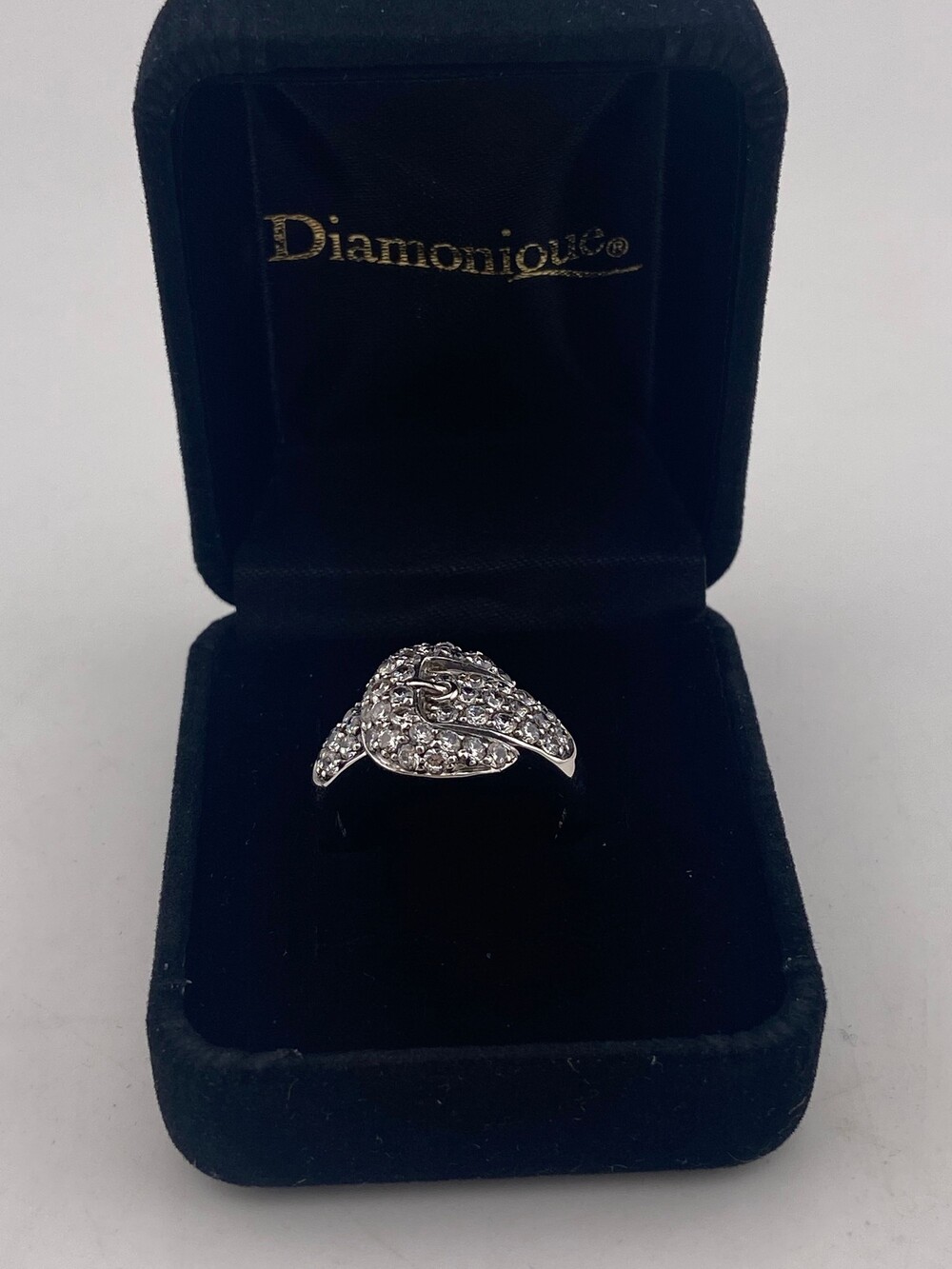 Diamonique Sterling Silver Buckle Design Pave' Ring Size 7 Statement Equestrian